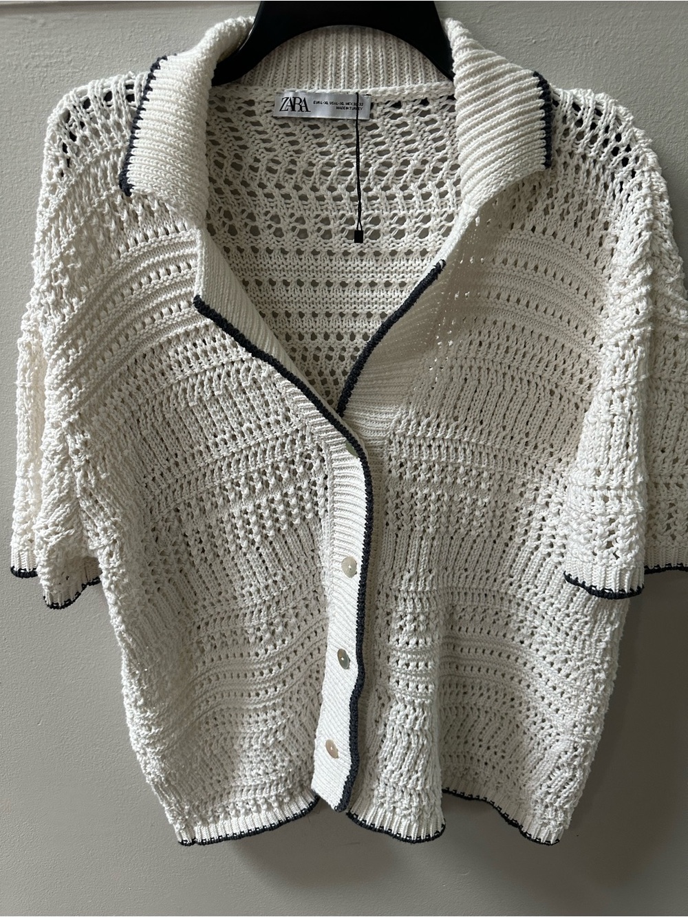 Zara Open Knit Crochet Polo Cardigan Sweater White Navy Trim L XL Coastal NWOT